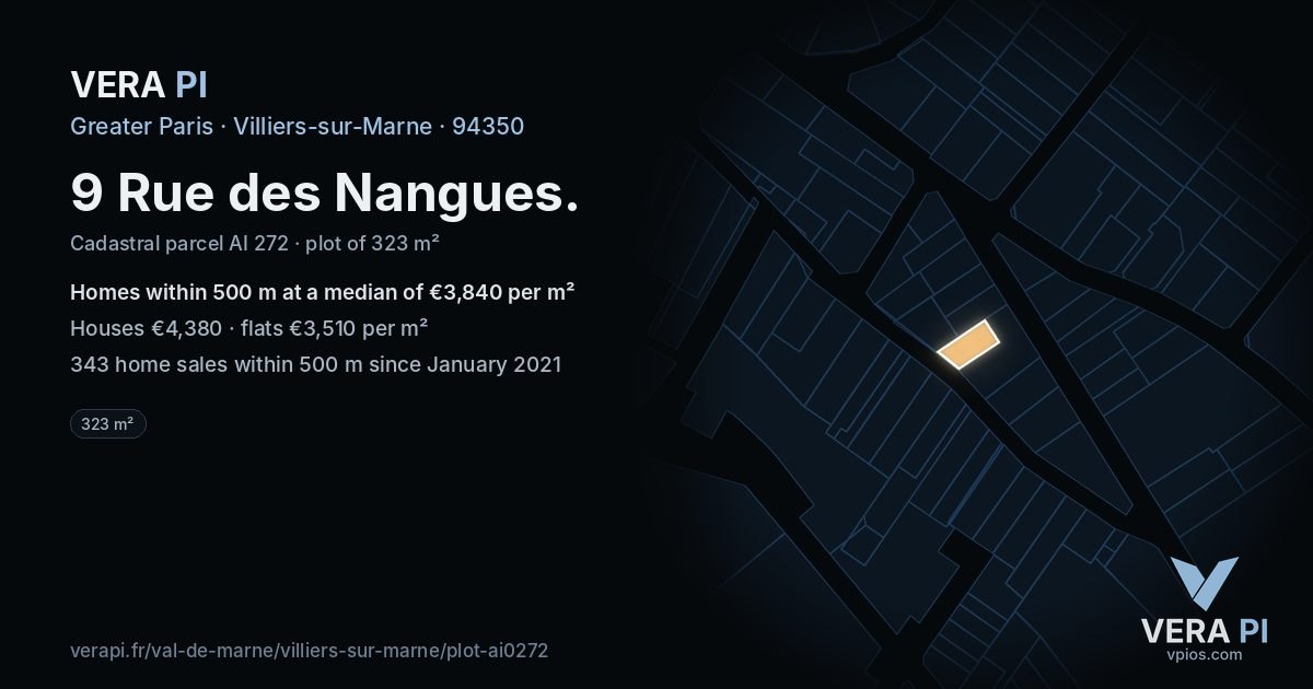 9 Rue des Nangues, Villiers-sur-Marne at night – the plot lit, the parcels around coloured by the prices near them