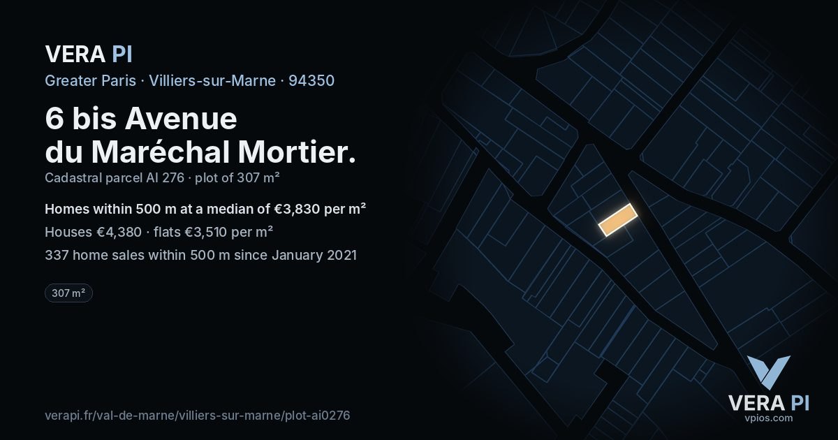 6 bis Avenue du Maréchal Mortier, Villiers-sur-Marne at night – the plot lit, the parcels around coloured by the prices near them