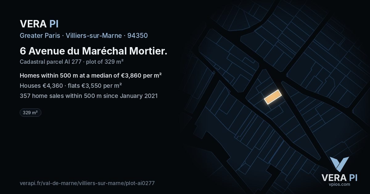 6 Avenue du Maréchal Mortier, Villiers-sur-Marne at night – the plot lit, the parcels around coloured by the prices near them