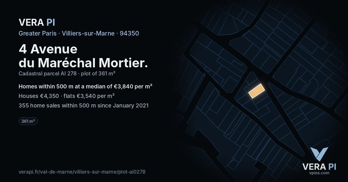 4 Avenue du Maréchal Mortier, Villiers-sur-Marne at night – the plot lit, the parcels around coloured by the prices near them