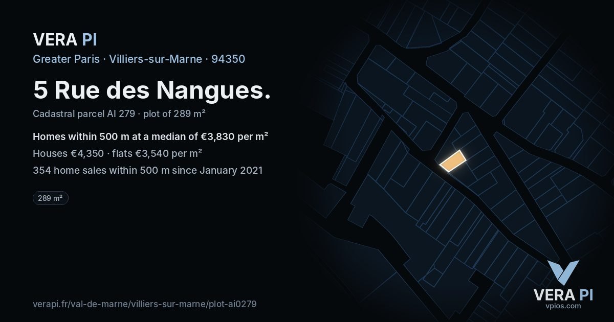 5 Rue des Nangues, Villiers-sur-Marne at night – the plot lit, the parcels around coloured by the prices near them