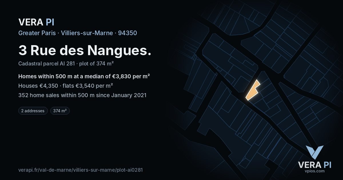 3 Rue des Nangues, Villiers-sur-Marne at night – the plot lit, the parcels around coloured by the prices near them