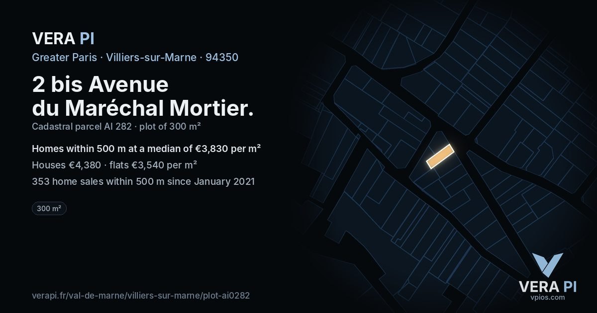 2 bis Avenue du Maréchal Mortier, Villiers-sur-Marne at night – the plot lit, the parcels around coloured by the prices near them