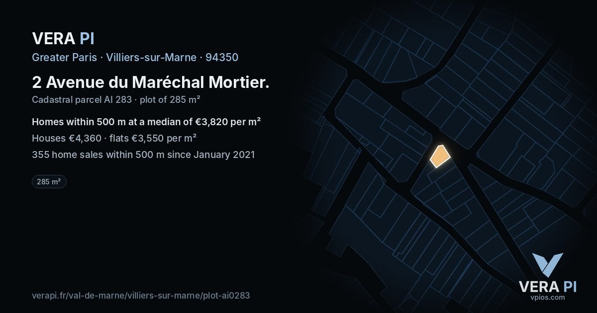 2 Avenue du Maréchal Mortier, Villiers-sur-Marne at night – the plot lit, the parcels around coloured by the prices near them