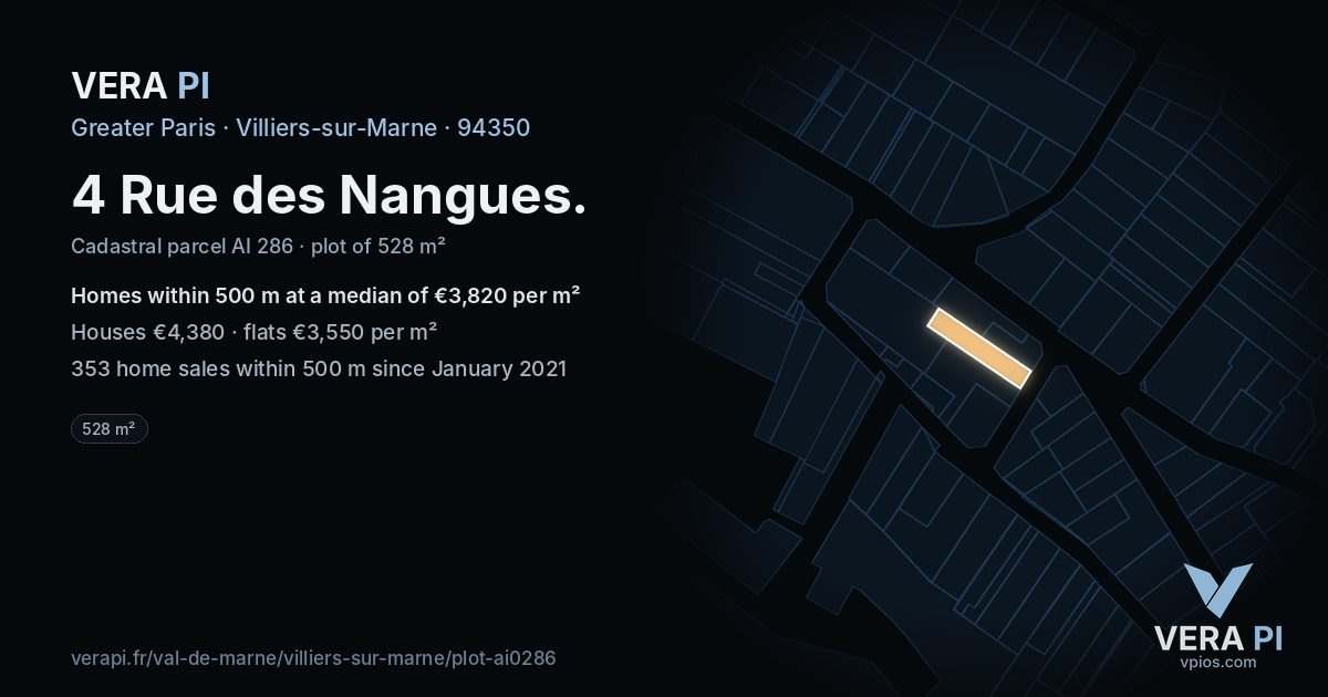 4 Rue des Nangues, Villiers-sur-Marne at night – the plot lit, the parcels around coloured by the prices near them