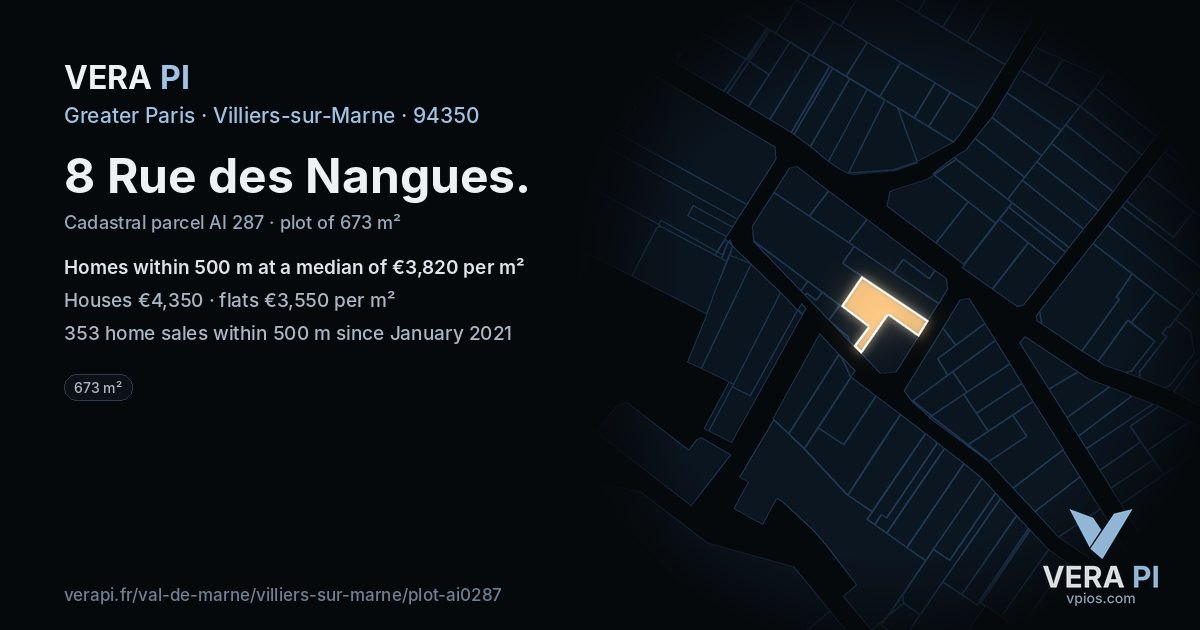 8 Rue des Nangues, Villiers-sur-Marne at night – the plot lit, the parcels around coloured by the prices near them