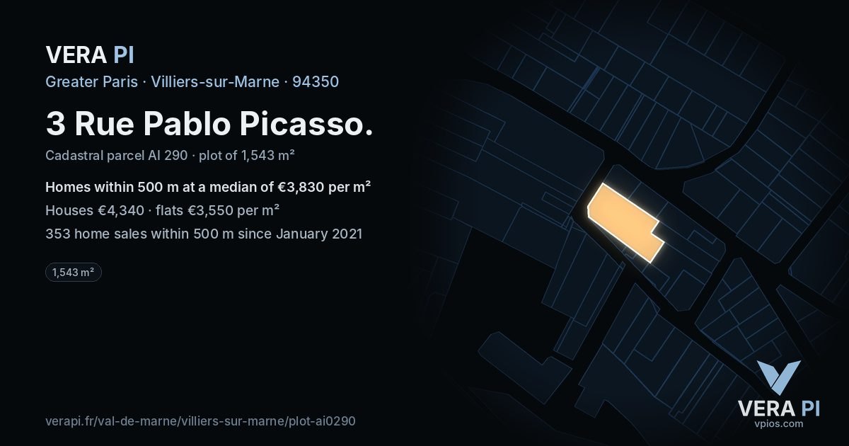 3 Rue Pablo Picasso, Villiers-sur-Marne at night – the plot lit, the parcels around coloured by the prices near them