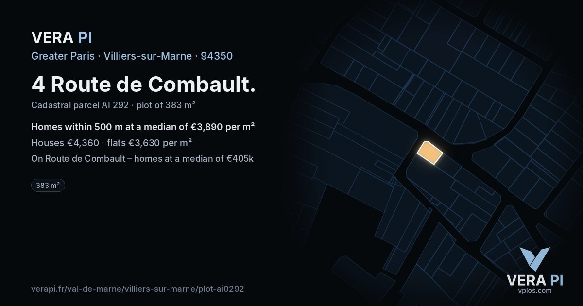 4 Route de Combault, Villiers-sur-Marne at night – the plot lit, the parcels around coloured by the prices near them