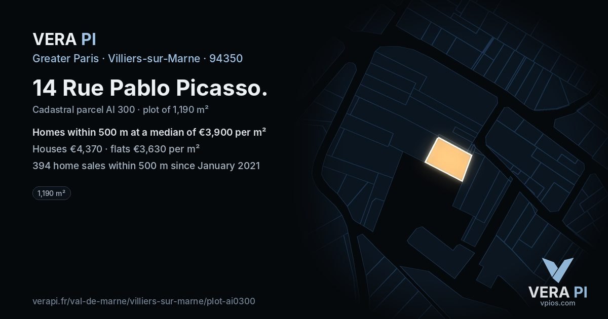 14 Rue Pablo Picasso, Villiers-sur-Marne at night – the plot lit, the parcels around coloured by the prices near them