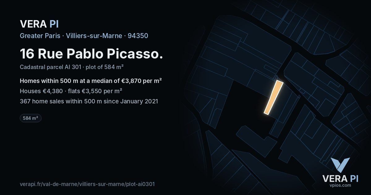 16 Rue Pablo Picasso, Villiers-sur-Marne at night – the plot lit, the parcels around coloured by the prices near them