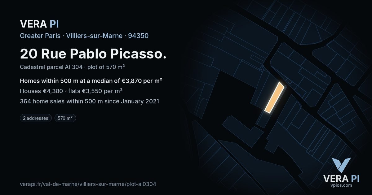 20 Rue Pablo Picasso, Villiers-sur-Marne at night – the plot lit, the parcels around coloured by the prices near them