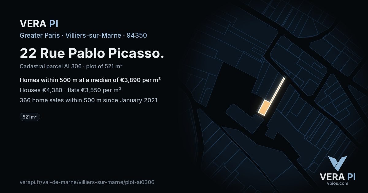 22 Rue Pablo Picasso, Villiers-sur-Marne at night – the plot lit, the parcels around coloured by the prices near them