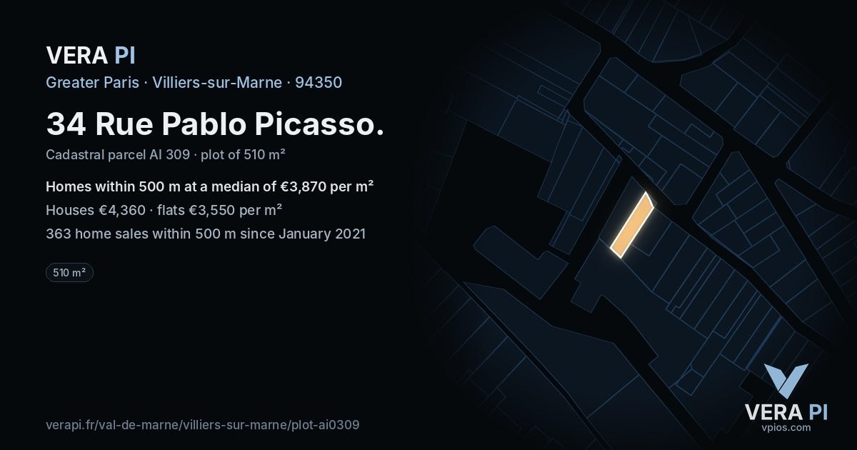 34 Rue Pablo Picasso, Villiers-sur-Marne at night – the plot lit, the parcels around coloured by the prices near them
