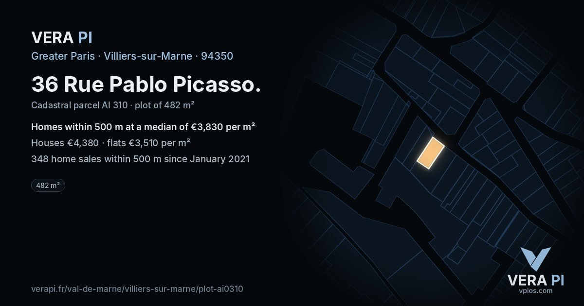 36 Rue Pablo Picasso, Villiers-sur-Marne at night – the plot lit, the parcels around coloured by the prices near them