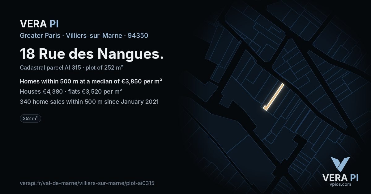18 Rue des Nangues, Villiers-sur-Marne at night – the plot lit, the parcels around coloured by the prices near them