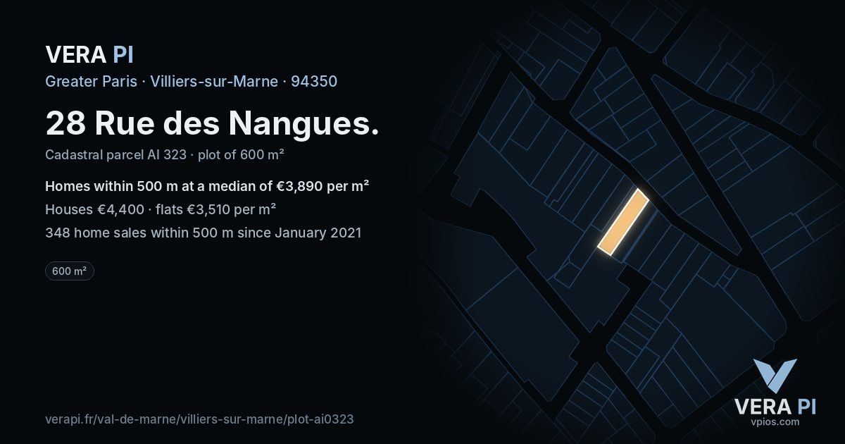 28 Rue des Nangues, Villiers-sur-Marne at night – the plot lit, the parcels around coloured by the prices near them