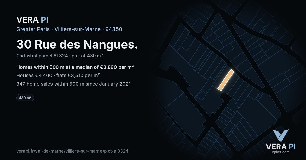 30 Rue des Nangues, Villiers-sur-Marne at night – the plot lit, the parcels around coloured by the prices near them