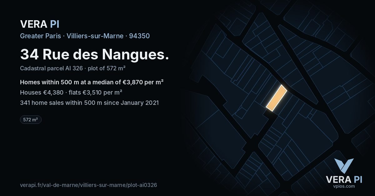 34 Rue des Nangues, Villiers-sur-Marne at night – the plot lit, the parcels around coloured by the prices near them