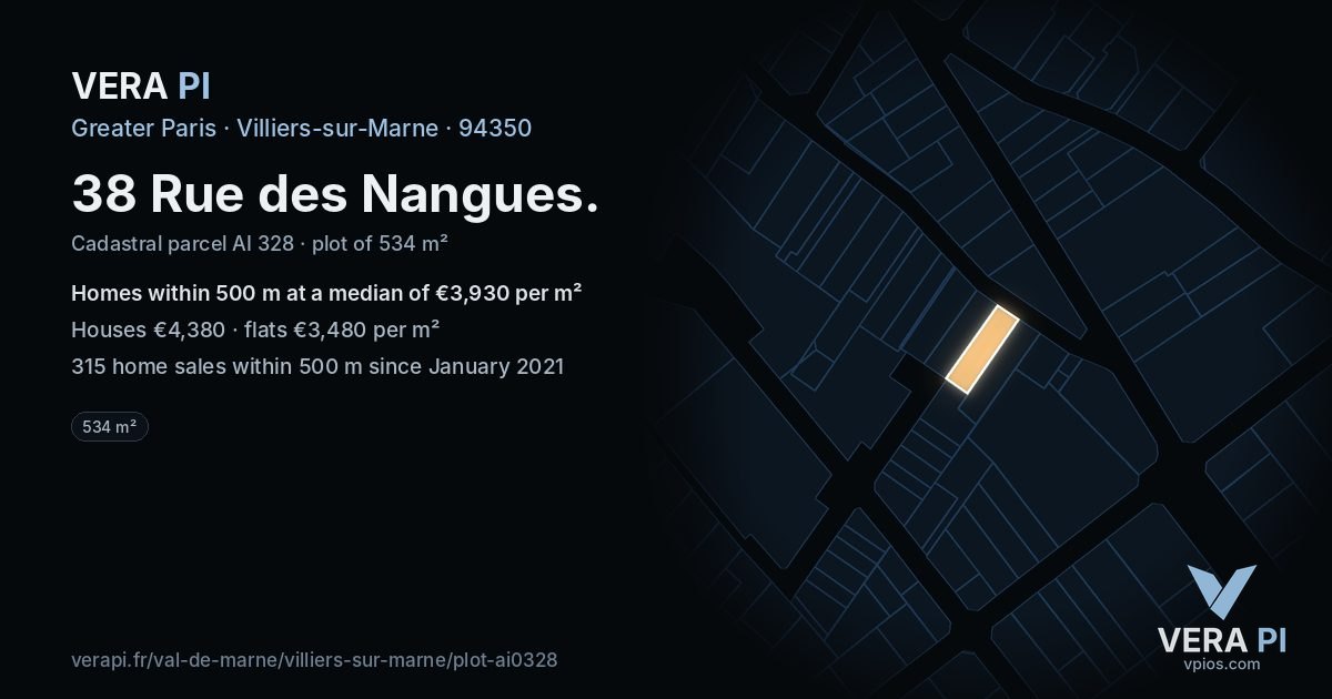 38 Rue des Nangues, Villiers-sur-Marne at night – the plot lit, the parcels around coloured by the prices near them