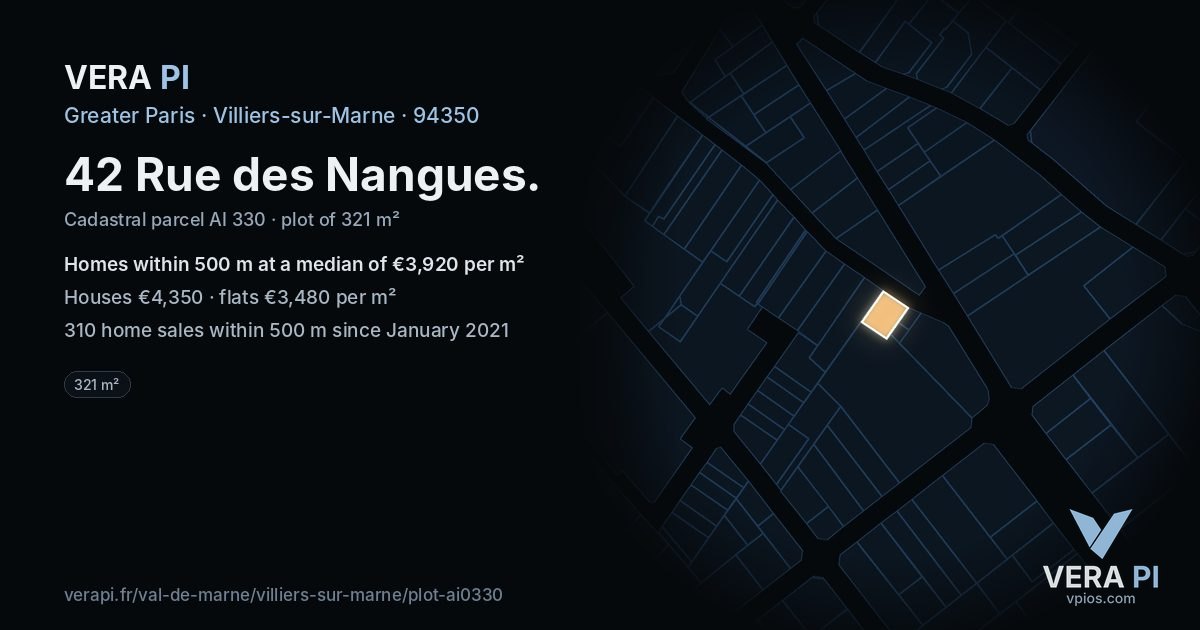42 Rue des Nangues, Villiers-sur-Marne at night – the plot lit, the parcels around coloured by the prices near them