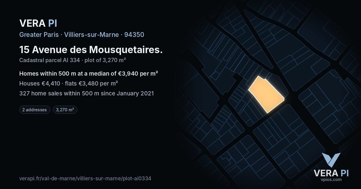 15 Avenue des Mousquetaires, Villiers-sur-Marne at night – the plot lit, the parcels around coloured by the prices near them