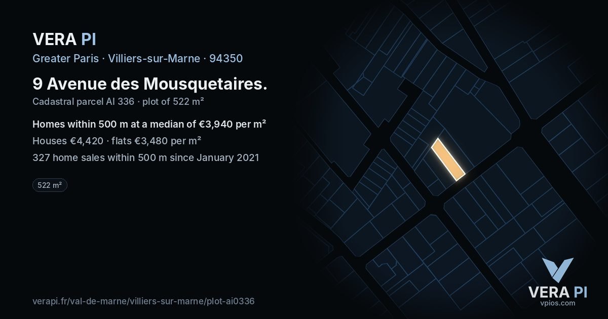9 Avenue des Mousquetaires, Villiers-sur-Marne at night – the plot lit, the parcels around coloured by the prices near them