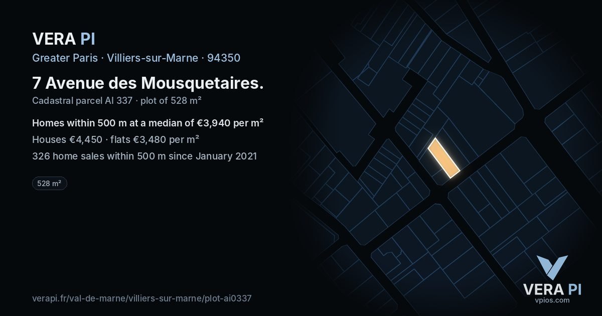 7 Avenue des Mousquetaires, Villiers-sur-Marne at night – the plot lit, the parcels around coloured by the prices near them