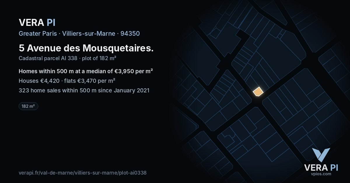 5 Avenue des Mousquetaires, Villiers-sur-Marne at night – the plot lit, the parcels around coloured by the prices near them