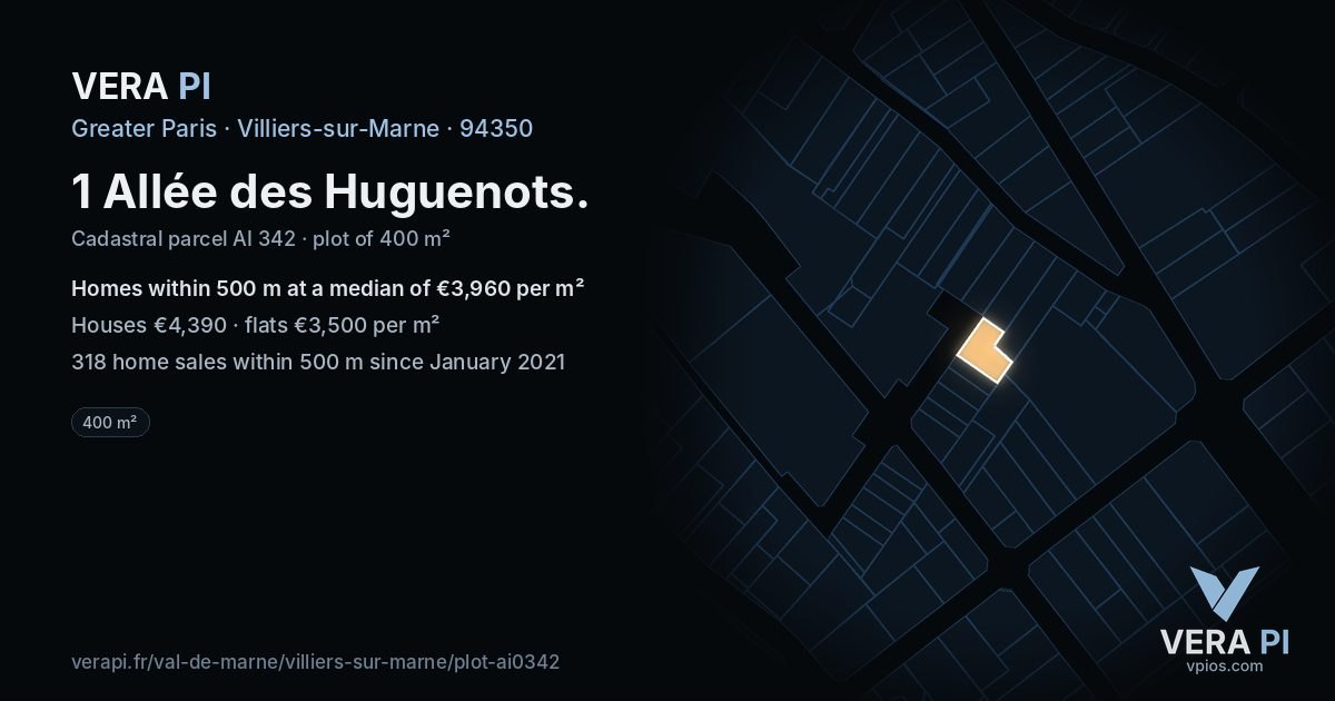 1 Allée des Huguenots, Villiers-sur-Marne at night – the plot lit, the parcels around coloured by the prices near them