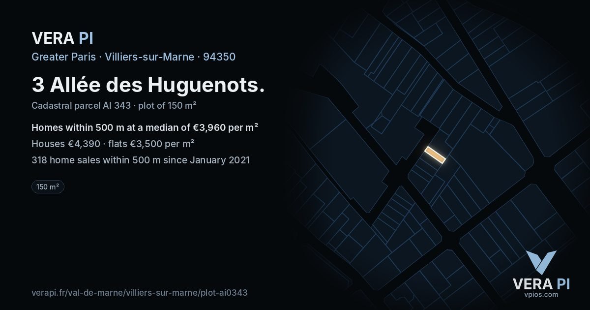 3 Allée des Huguenots, Villiers-sur-Marne at night – the plot lit, the parcels around coloured by the prices near them