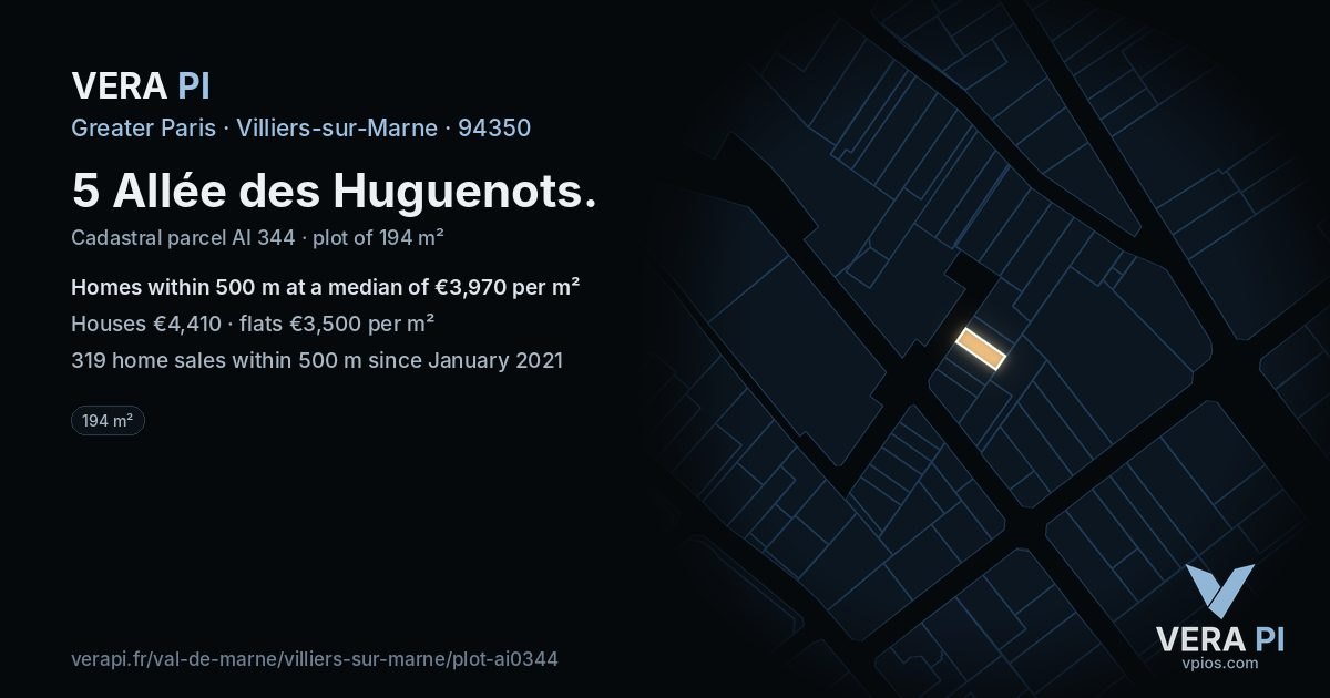 5 Allée des Huguenots, Villiers-sur-Marne at night – the plot lit, the parcels around coloured by the prices near them