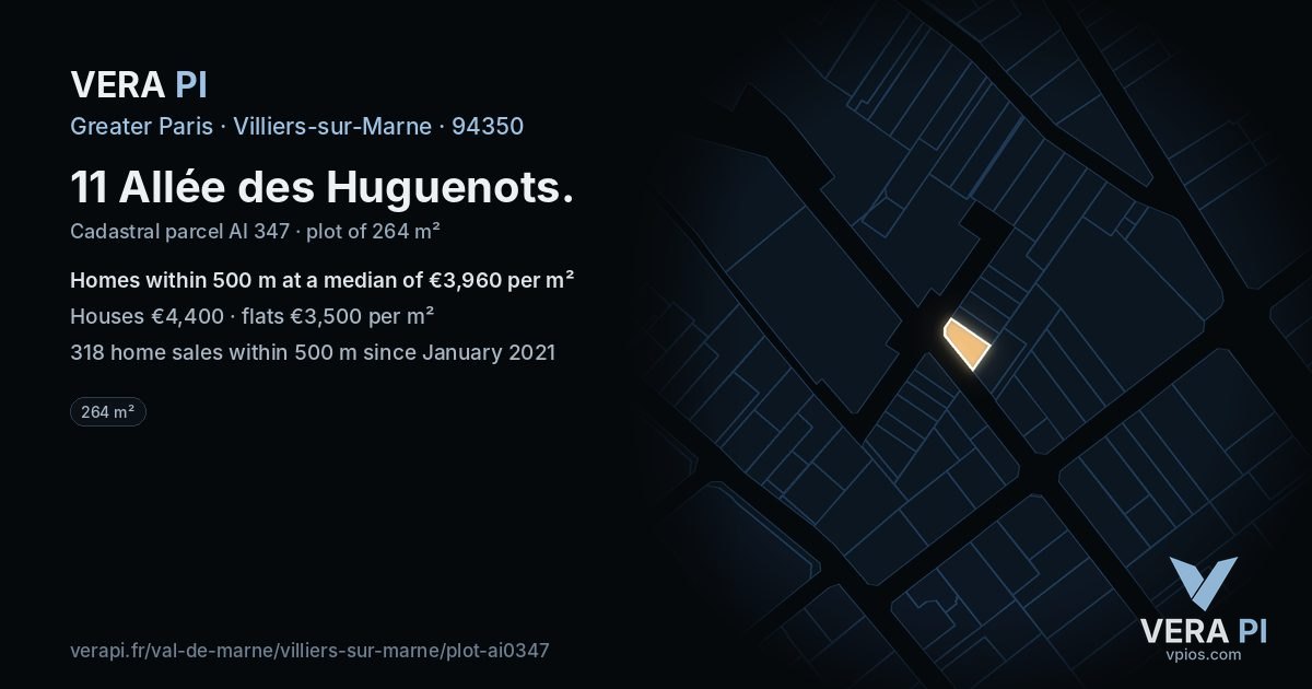 11 Allée des Huguenots, Villiers-sur-Marne at night – the plot lit, the parcels around coloured by the prices near them