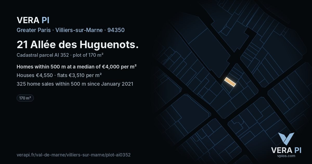 21 Allée des Huguenots, Villiers-sur-Marne at night – the plot lit, the parcels around coloured by the prices near them