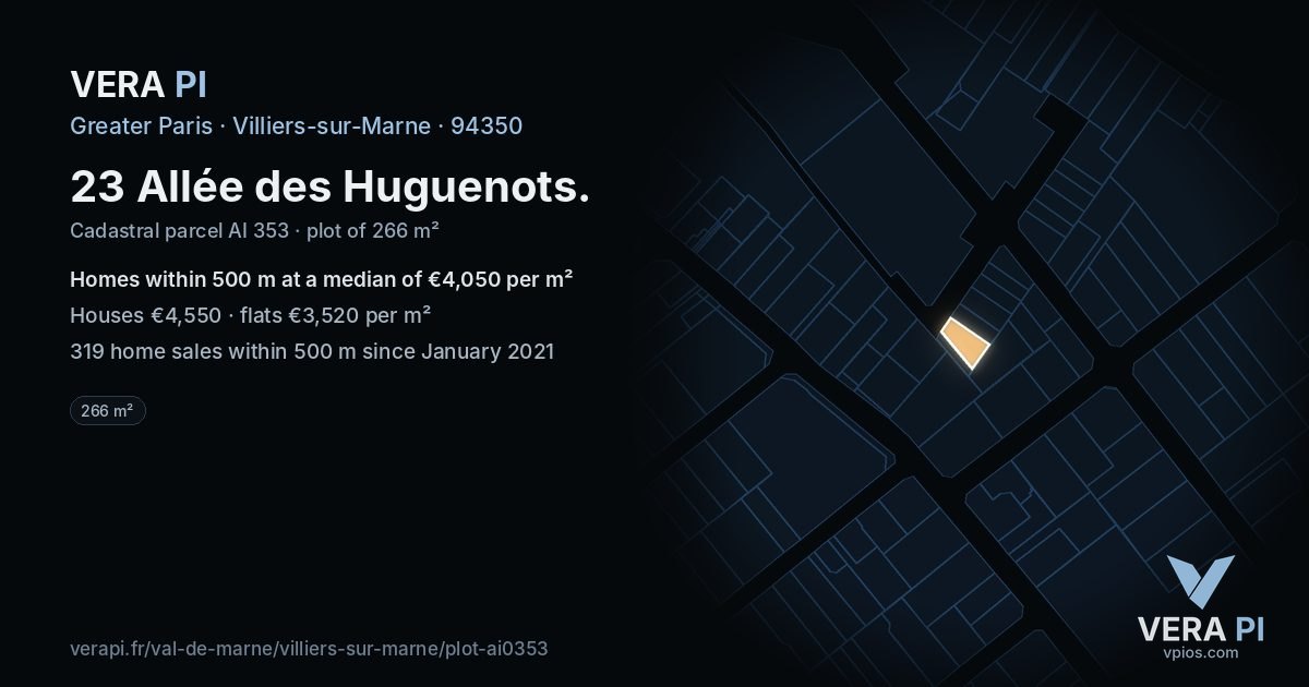23 Allée des Huguenots, Villiers-sur-Marne at night – the plot lit, the parcels around coloured by the prices near them