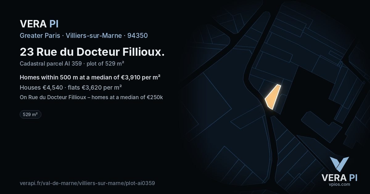 23 Rue du Docteur Fillioux, Villiers-sur-Marne at night – the plot lit, the parcels around coloured by the prices near them
