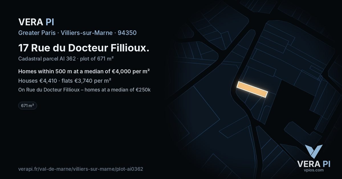 17 Rue du Docteur Fillioux, Villiers-sur-Marne at night – the plot lit, the parcels around coloured by the prices near them