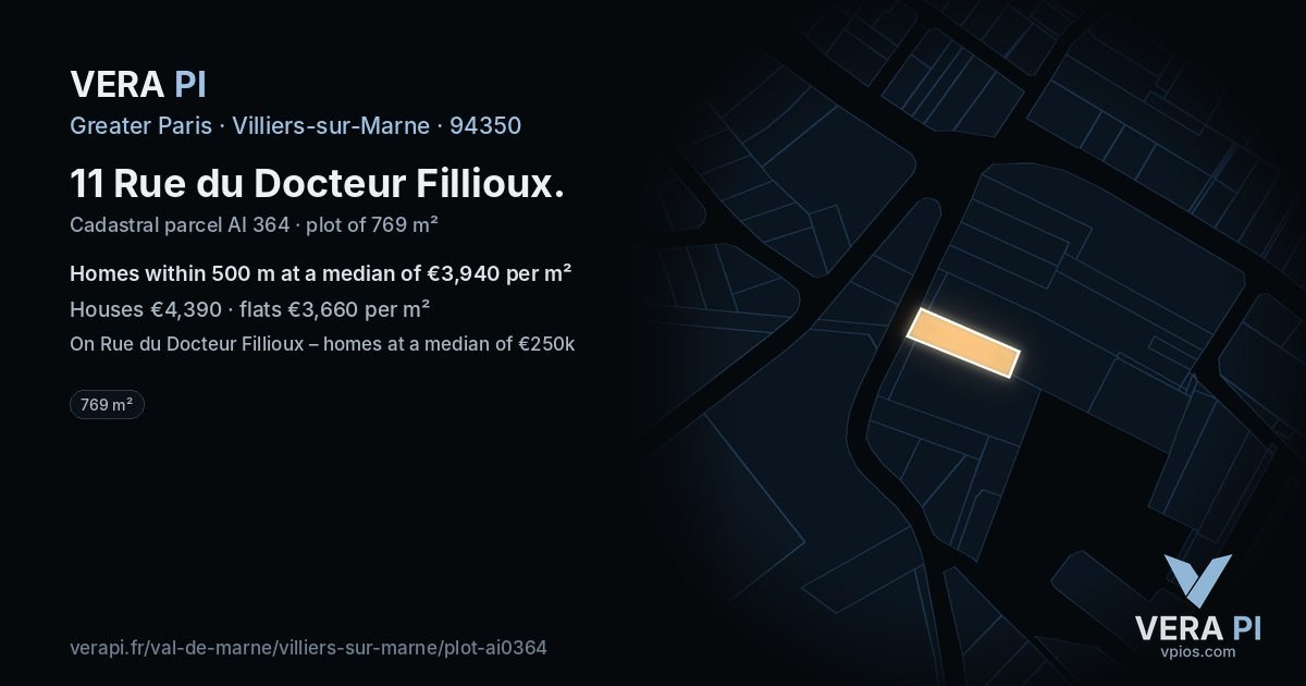11 Rue du Docteur Fillioux, Villiers-sur-Marne at night – the plot lit, the parcels around coloured by the prices near them