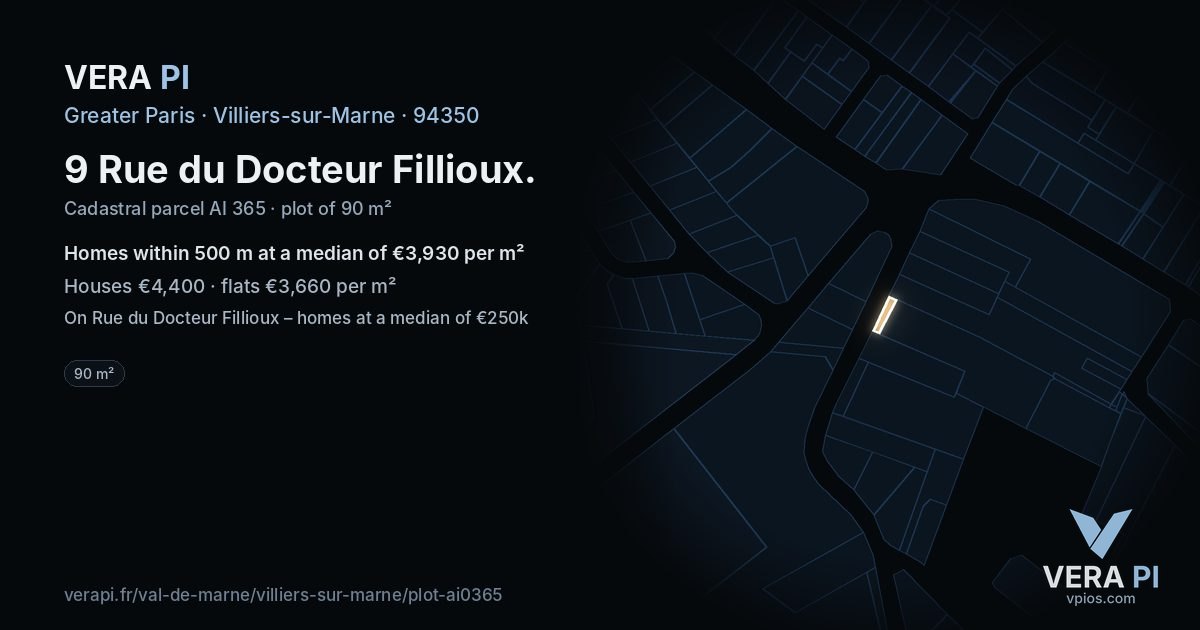 9 Rue du Docteur Fillioux, Villiers-sur-Marne at night – the plot lit, the parcels around coloured by the prices near them