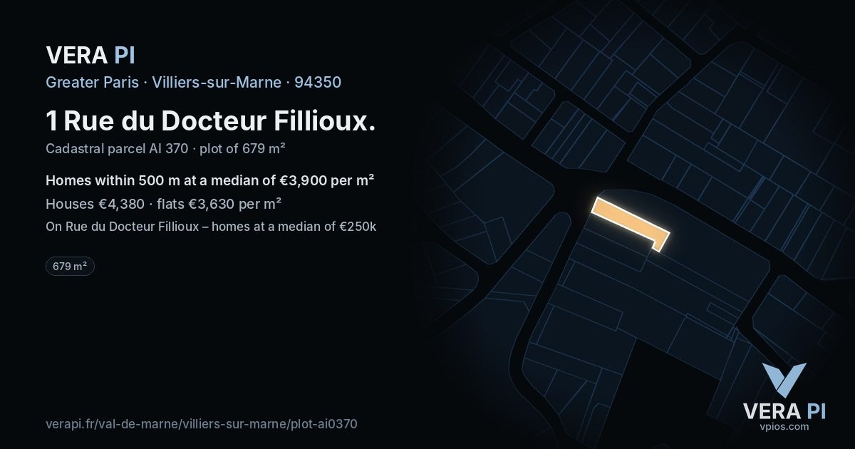 1 Rue du Docteur Fillioux, Villiers-sur-Marne at night – the plot lit, the parcels around coloured by the prices near them