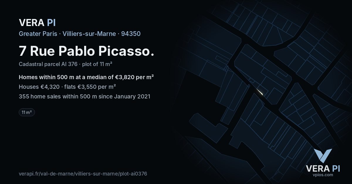 7 Rue Pablo Picasso, Villiers-sur-Marne at night – the plot lit, the parcels around coloured by the prices near them