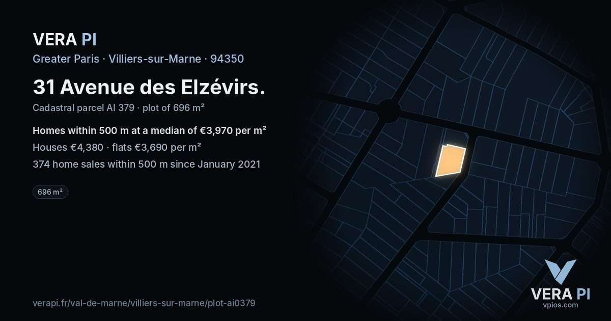 31 Avenue des Elzévirs, Villiers-sur-Marne at night – the plot lit, the parcels around coloured by the prices near them