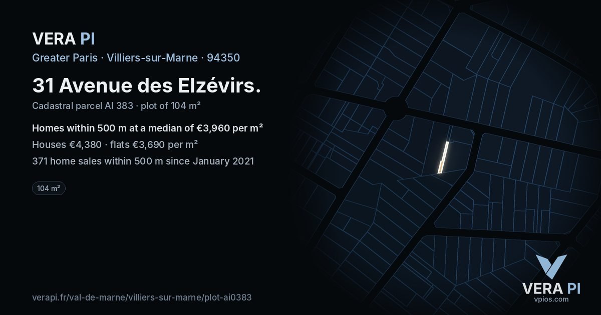 31 Avenue des Elzévirs, Villiers-sur-Marne at night – the plot lit, the parcels around coloured by the prices near them