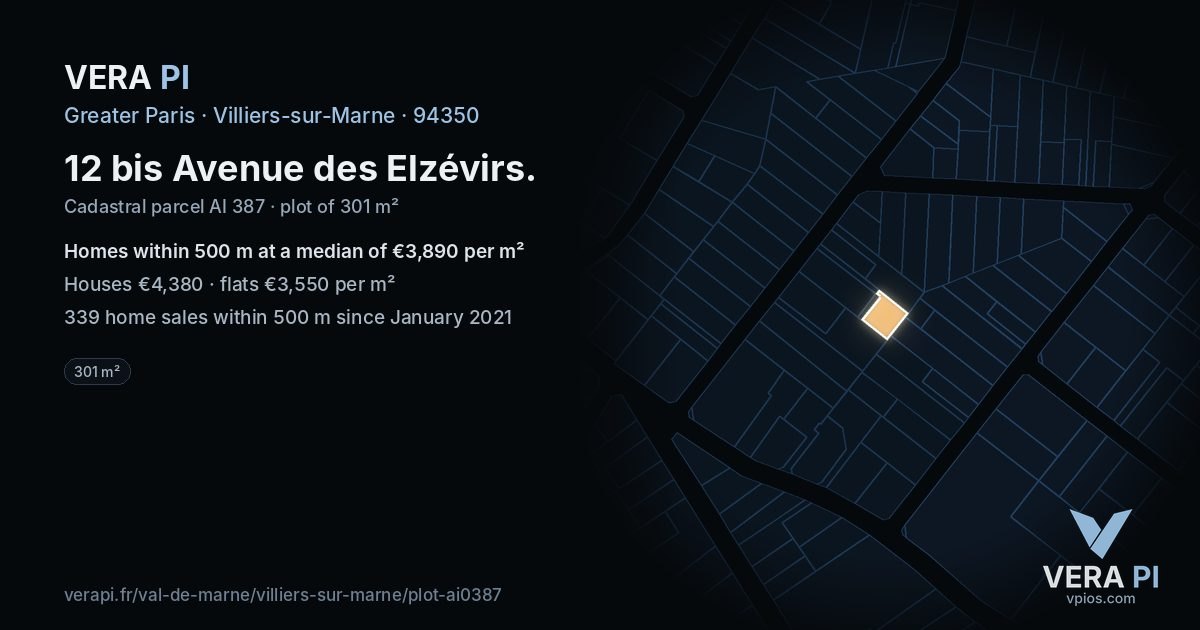 12 bis Avenue des Elzévirs, Villiers-sur-Marne at night – the plot lit, the parcels around coloured by the prices near them