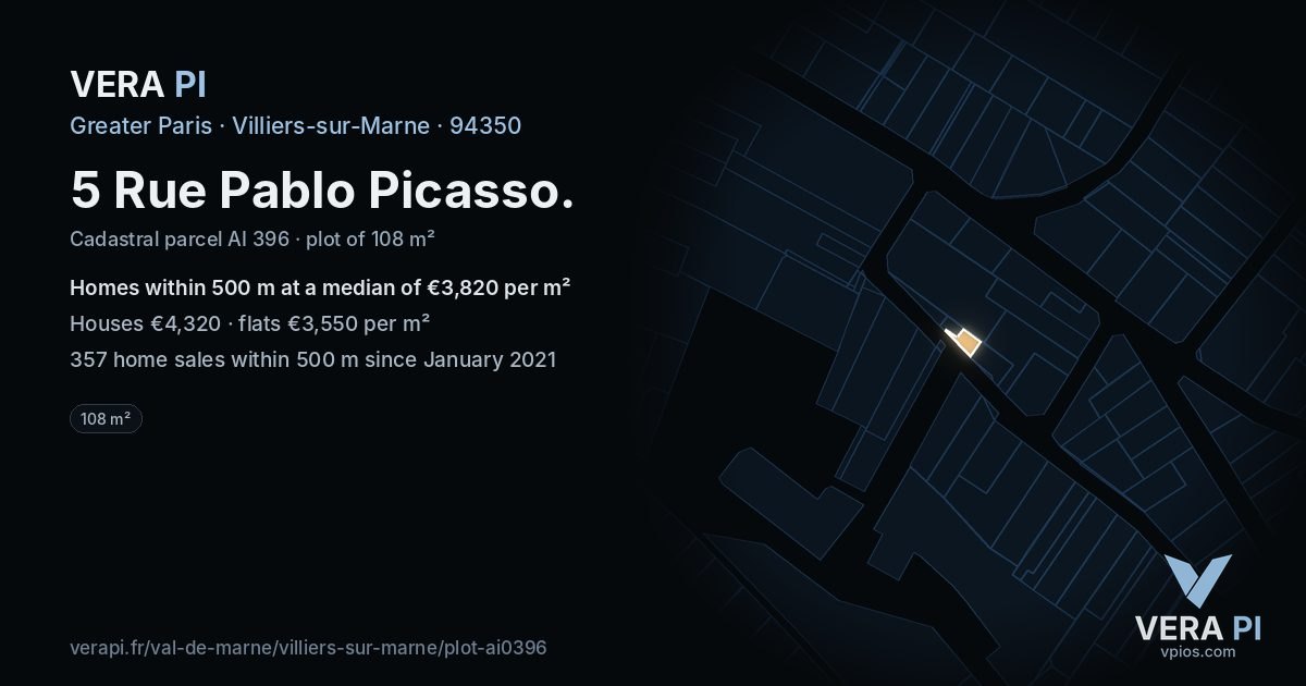 5 Rue Pablo Picasso, Villiers-sur-Marne at night – the plot lit, the parcels around coloured by the prices near them