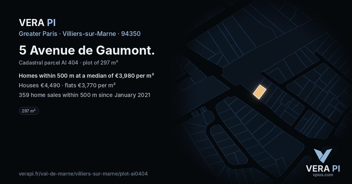 5 Avenue de Gaumont, Villiers-sur-Marne at night – the plot lit, the parcels around coloured by the prices near them
