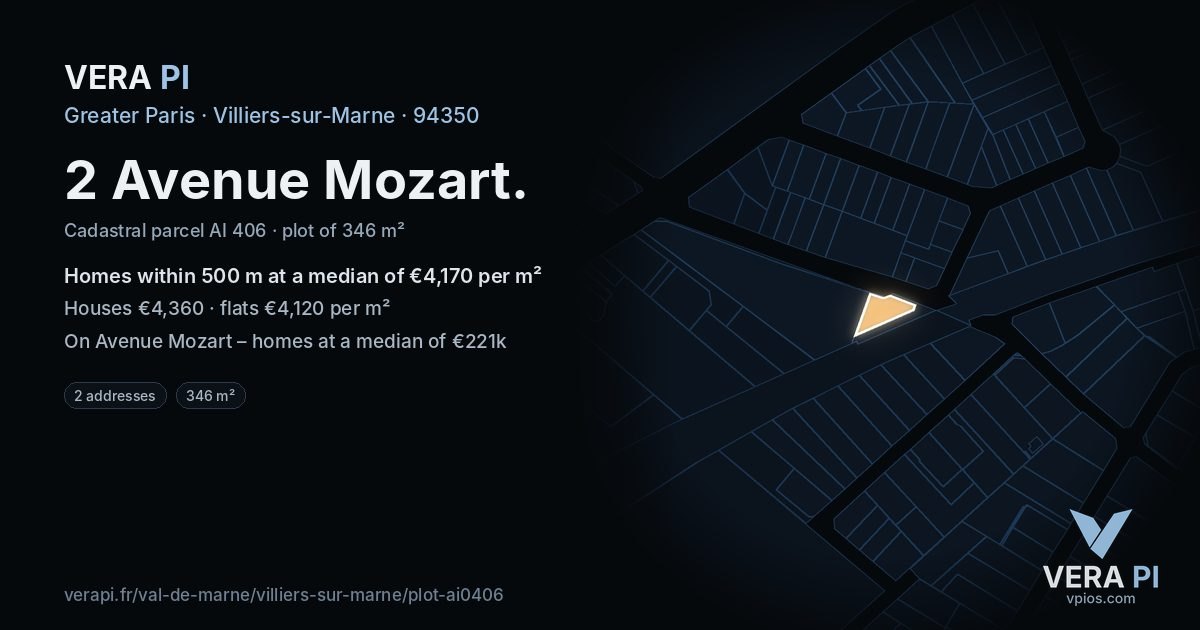 2 Avenue Mozart, Villiers-sur-Marne at night – the plot lit, the parcels around coloured by the prices near them