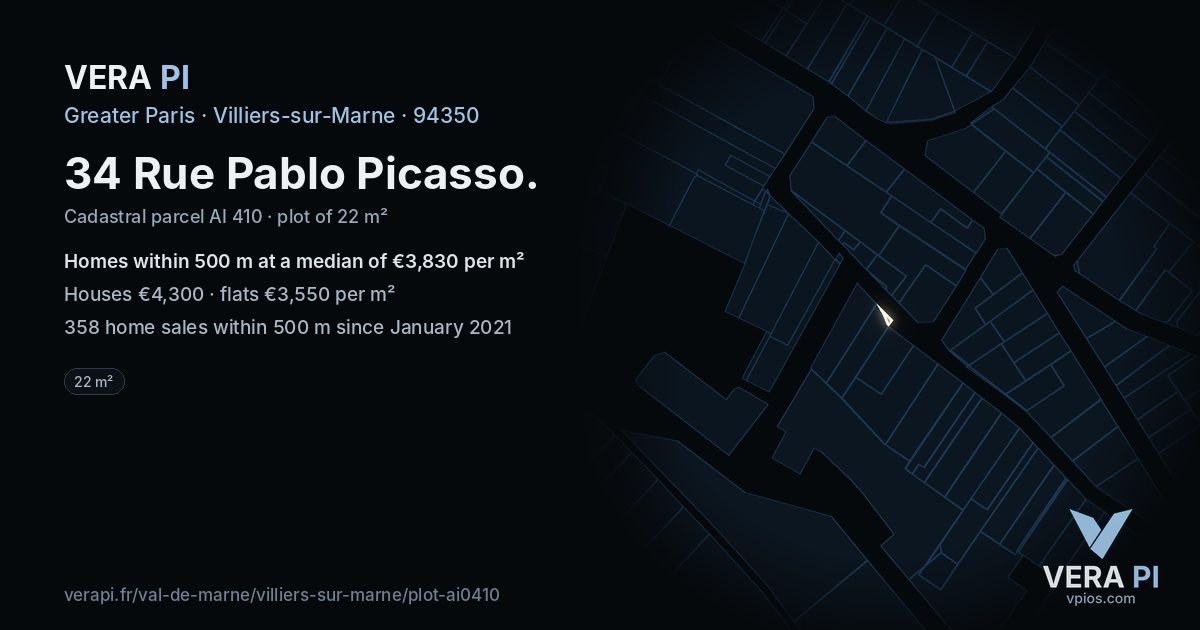 34 Rue Pablo Picasso, Villiers-sur-Marne at night – the plot lit, the parcels around coloured by the prices near them