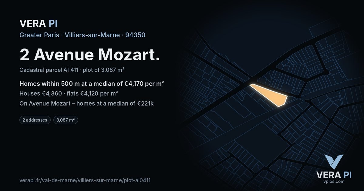 2 Avenue Mozart, Villiers-sur-Marne at night – the plot lit, the parcels around coloured by the prices near them
