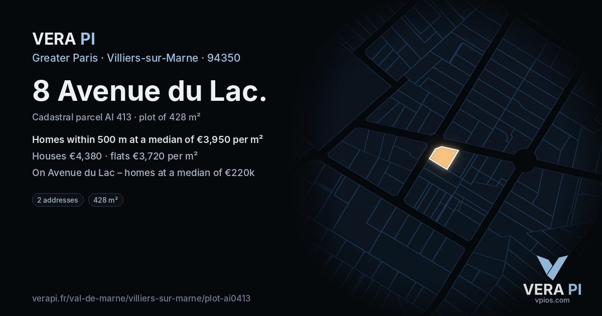8 Avenue du Lac, Villiers-sur-Marne at night – the plot lit, the parcels around coloured by the prices near them