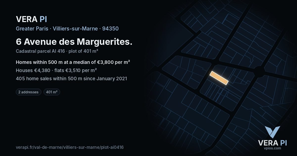 6 Avenue des Marguerites, Villiers-sur-Marne at night – the plot lit, the parcels around coloured by the prices near them